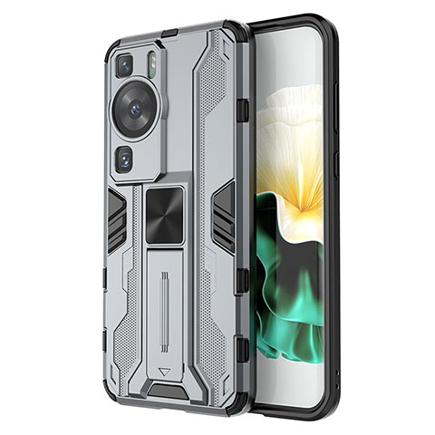 Coque Contour Silicone et Plastique Housse Etui Mat avec Aimant Magnetique Support KC1 pour Huawei P60 Pro Gris