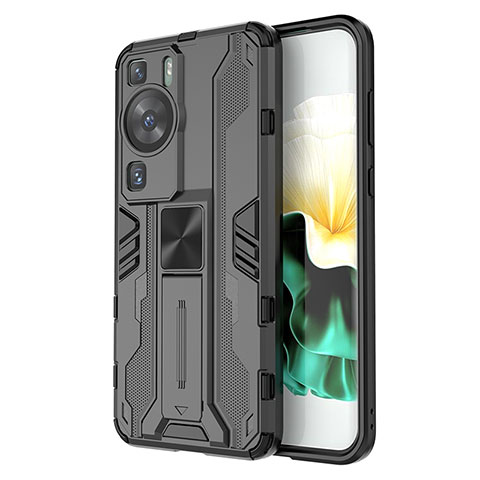 Coque Contour Silicone et Plastique Housse Etui Mat avec Aimant Magnetique Support KC1 pour Huawei P60 Pro Noir