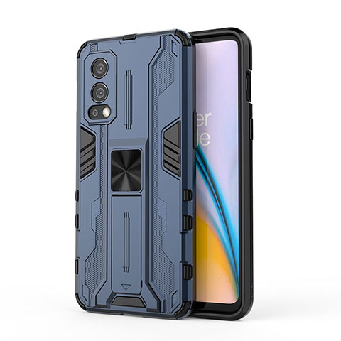 Coque Contour Silicone et Plastique Housse Etui Mat avec Aimant Magnetique Support KC1 pour OnePlus Nord 2 5G Bleu