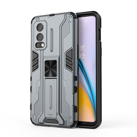 Coque Contour Silicone et Plastique Housse Etui Mat avec Aimant Magnetique Support KC1 pour OnePlus Nord 2 5G Gris