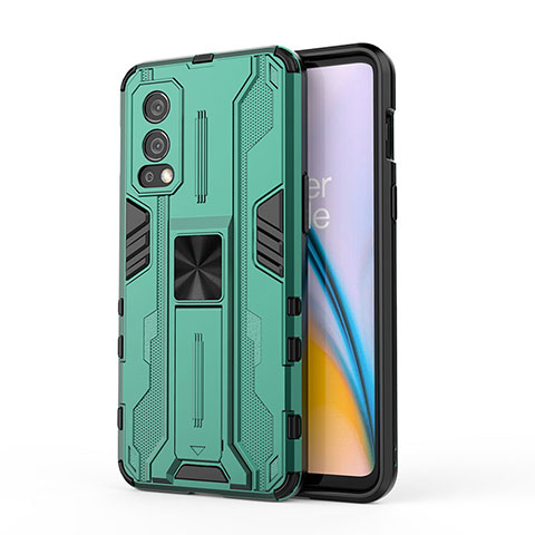 Coque Contour Silicone et Plastique Housse Etui Mat avec Aimant Magnetique Support KC1 pour OnePlus Nord 2 5G Vert