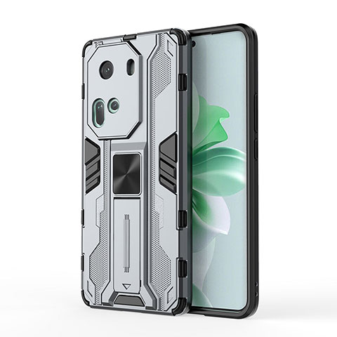 Coque Contour Silicone et Plastique Housse Etui Mat avec Aimant Magnetique Support KC1 pour Oppo Reno11 5G Gris