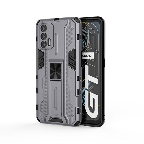 Coque Contour Silicone et Plastique Housse Etui Mat avec Aimant Magnetique Support KC1 pour Realme GT 5G Gris