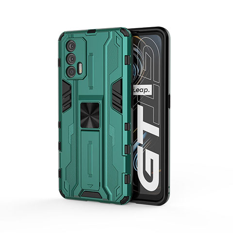 Coque Contour Silicone et Plastique Housse Etui Mat avec Aimant Magnetique Support KC1 pour Realme GT 5G Vert