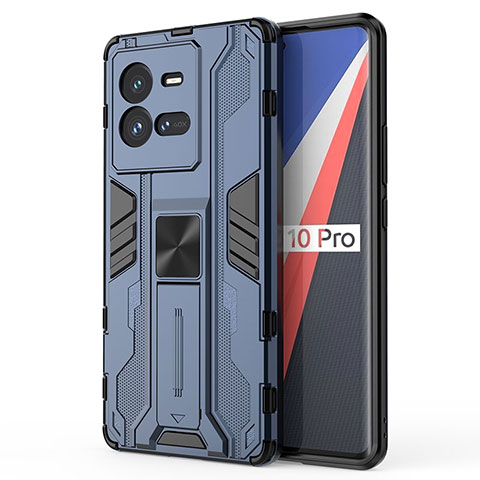 Coque Contour Silicone et Plastique Housse Etui Mat avec Aimant Magnetique Support KC1 pour Vivo iQOO 10 Pro 5G Bleu