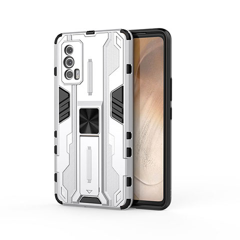 Coque Contour Silicone et Plastique Housse Etui Mat avec Aimant Magnetique Support KC1 pour Vivo iQOO 7 India 5G Argent