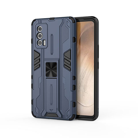 Coque Contour Silicone et Plastique Housse Etui Mat avec Aimant Magnetique Support KC1 pour Vivo iQOO 7 India 5G Bleu