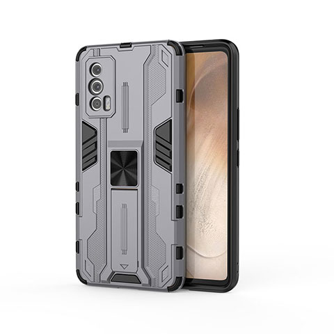 Coque Contour Silicone et Plastique Housse Etui Mat avec Aimant Magnetique Support KC1 pour Vivo iQOO 7 India 5G Gris