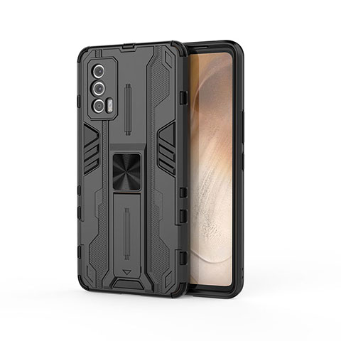 Coque Contour Silicone et Plastique Housse Etui Mat avec Aimant Magnetique Support KC1 pour Vivo iQOO 7 India 5G Noir