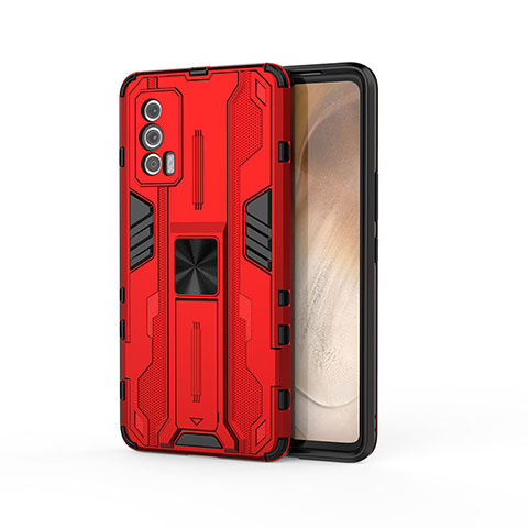 Coque Contour Silicone et Plastique Housse Etui Mat avec Aimant Magnetique Support KC1 pour Vivo iQOO 7 India 5G Rouge