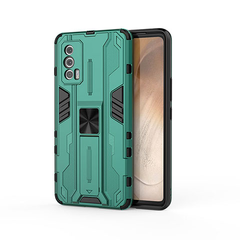 Coque Contour Silicone et Plastique Housse Etui Mat avec Aimant Magnetique Support KC1 pour Vivo iQOO 7 India 5G Vert