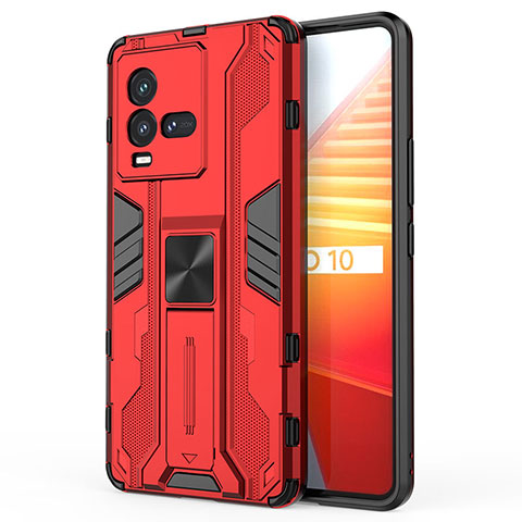 Coque Contour Silicone et Plastique Housse Etui Mat avec Aimant Magnetique Support KC1 pour Vivo iQOO 9T 5G Rouge