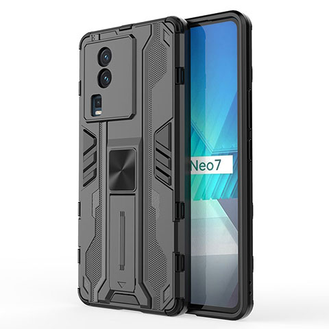 Coque Contour Silicone et Plastique Housse Etui Mat avec Aimant Magnetique Support KC1 pour Vivo iQOO Neo7 SE Noir