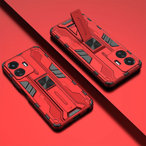 Coque Contour Silicone et Plastique Housse Etui Mat avec Aimant Magnetique Support KC1 pour Vivo iQOO Z6 Lite 5G Rouge