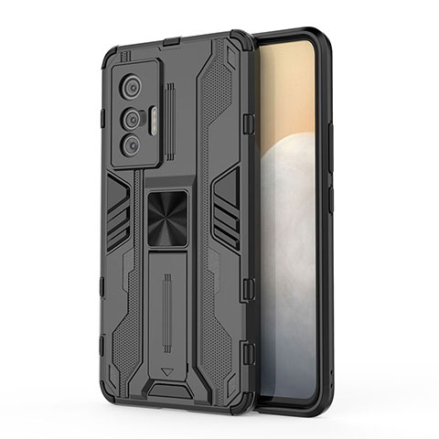 Coque Contour Silicone et Plastique Housse Etui Mat avec Aimant Magnetique Support KC1 pour Vivo X70 5G Noir