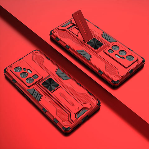 Coque Contour Silicone et Plastique Housse Etui Mat avec Aimant Magnetique Support KC1 pour Vivo X70 Pro+ Plus 5G Rouge