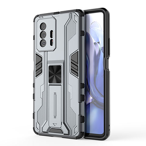 Coque Contour Silicone et Plastique Housse Etui Mat avec Aimant Magnetique Support KC1 pour Xiaomi Mi 11T Pro 5G Gris