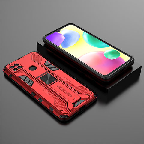 Coque Contour Silicone et Plastique Housse Etui Mat avec Aimant Magnetique Support KC1 pour Xiaomi POCO C3 Rouge