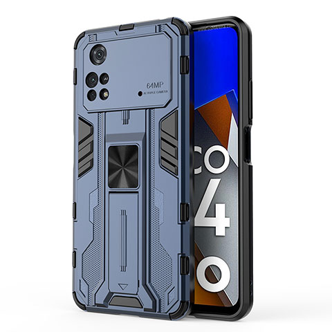 Coque Contour Silicone et Plastique Housse Etui Mat avec Aimant Magnetique Support KC1 pour Xiaomi Poco M4 Pro 4G Bleu