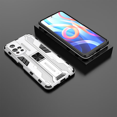 Coque Contour Silicone et Plastique Housse Etui Mat avec Aimant Magnetique Support KC1 pour Xiaomi Poco M4 Pro 5G Argent