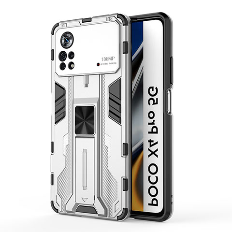 Coque Contour Silicone et Plastique Housse Etui Mat avec Aimant Magnetique Support KC1 pour Xiaomi Poco X4 Pro 5G Argent