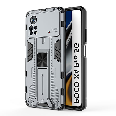 Coque Contour Silicone et Plastique Housse Etui Mat avec Aimant Magnetique Support KC1 pour Xiaomi Poco X4 Pro 5G Gris