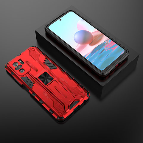 Coque Contour Silicone et Plastique Housse Etui Mat avec Aimant Magnetique Support KC1 pour Xiaomi Redmi Note 10 4G Rouge