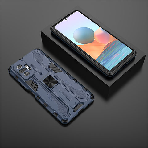 Coque Contour Silicone et Plastique Housse Etui Mat avec Aimant Magnetique Support KC1 pour Xiaomi Redmi Note 10 Pro 4G Bleu