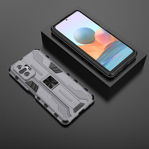 Coque Contour Silicone et Plastique Housse Etui Mat avec Aimant Magnetique Support KC1 pour Xiaomi Redmi Note 10 Pro 4G Gris