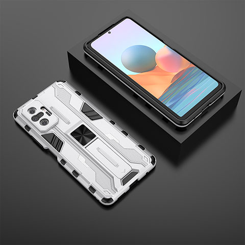 Coque Contour Silicone et Plastique Housse Etui Mat avec Aimant Magnetique Support KC1 pour Xiaomi Redmi Note 10 Pro Max Argent