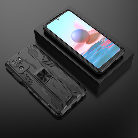 Coque Contour Silicone et Plastique Housse Etui Mat avec Aimant Magnetique Support KC1 pour Xiaomi Redmi Note 10S 4G Noir