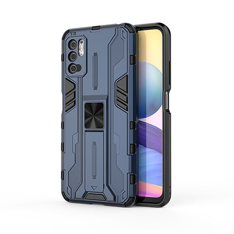 Coque Contour Silicone et Plastique Housse Etui Mat avec Aimant Magnetique Support KC1 pour Xiaomi Redmi Note 10T 5G Bleu