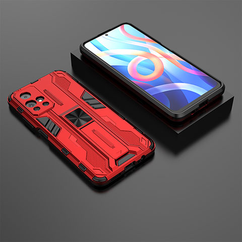 Coque Contour Silicone et Plastique Housse Etui Mat avec Aimant Magnetique Support KC1 pour Xiaomi Redmi Note 11 5G Rouge