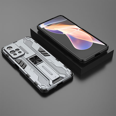 Coque Contour Silicone et Plastique Housse Etui Mat avec Aimant Magnetique Support KC1 pour Xiaomi Redmi Note 11 Pro+ Plus 5G Gris