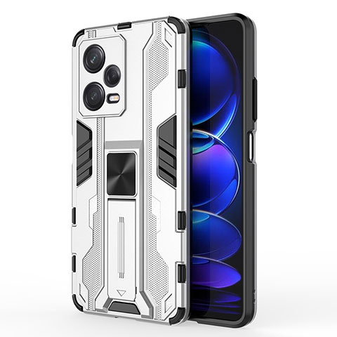 Coque Contour Silicone et Plastique Housse Etui Mat avec Aimant Magnetique Support KC1 pour Xiaomi Redmi Note 12 Pro 5G Argent