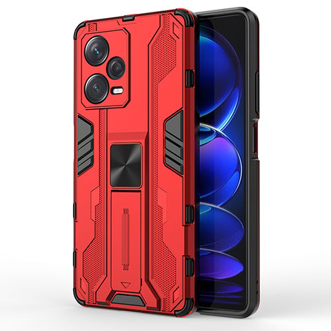 Coque Contour Silicone et Plastique Housse Etui Mat avec Aimant Magnetique Support KC1 pour Xiaomi Redmi Note 12 Pro+ Plus 5G Rouge