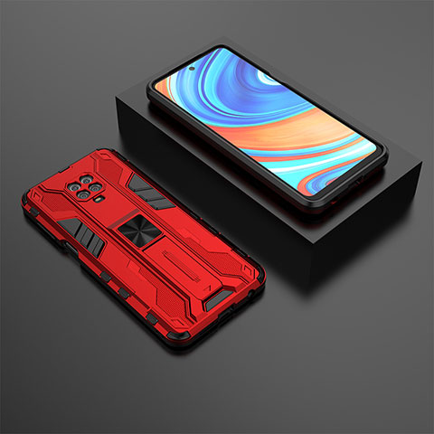 Coque Contour Silicone et Plastique Housse Etui Mat avec Aimant Magnetique Support KC1 pour Xiaomi Redmi Note 9 Pro Max Rouge