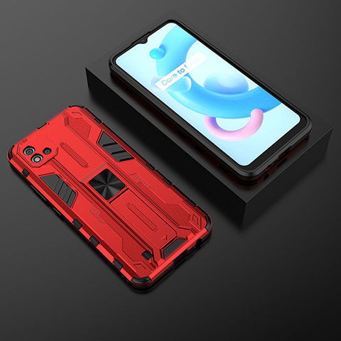 Coque Contour Silicone et Plastique Housse Etui Mat avec Aimant Magnetique Support KC2 pour Realme C20 Rouge