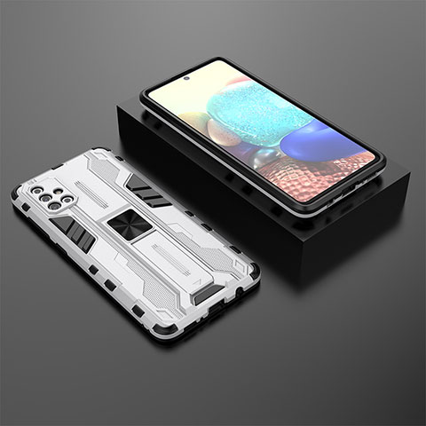 Coque Contour Silicone et Plastique Housse Etui Mat avec Aimant Magnetique Support KC2 pour Samsung Galaxy A71 4G A715 Blanc