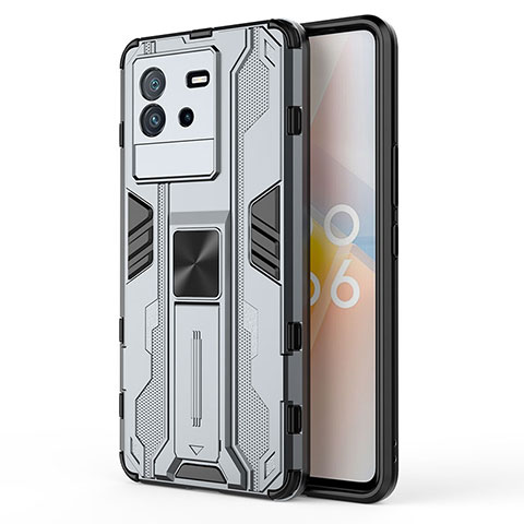 Coque Contour Silicone et Plastique Housse Etui Mat avec Aimant Magnetique Support KC2 pour Vivo iQOO Neo6 SE 5G Gris