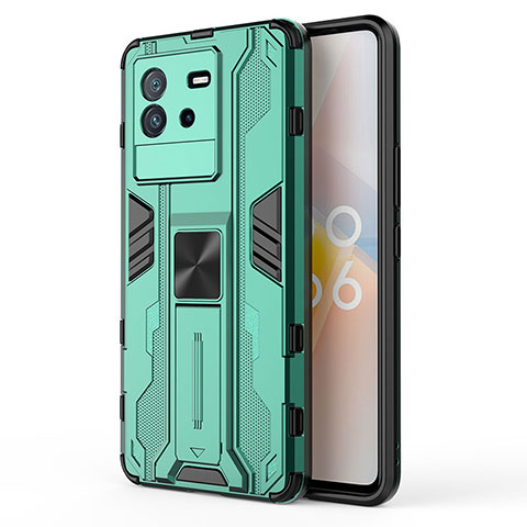 Coque Contour Silicone et Plastique Housse Etui Mat avec Aimant Magnetique Support KC2 pour Vivo iQOO Neo6 SE 5G Vert