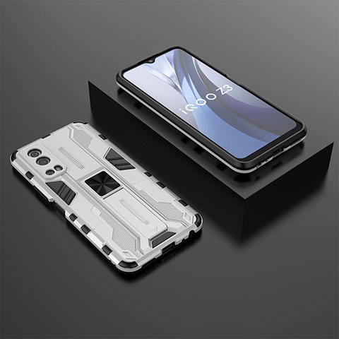 Coque Contour Silicone et Plastique Housse Etui Mat avec Aimant Magnetique Support KC2 pour Vivo iQOO Z3 5G Blanc