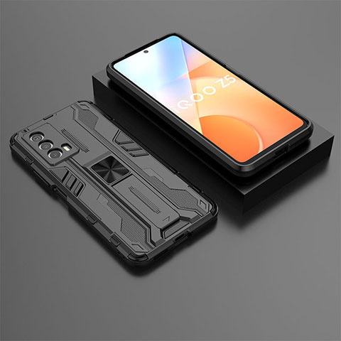 Coque Contour Silicone et Plastique Housse Etui Mat avec Aimant Magnetique Support KC2 pour Vivo iQOO Z5 5G Noir