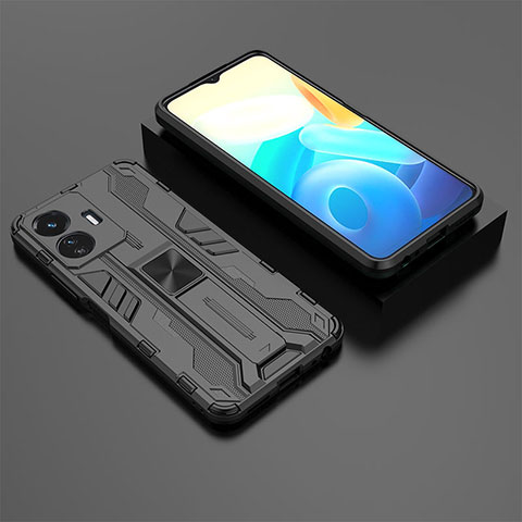 Coque Contour Silicone et Plastique Housse Etui Mat avec Aimant Magnetique Support KC2 pour Vivo iQOO Z6 Lite 5G Noir