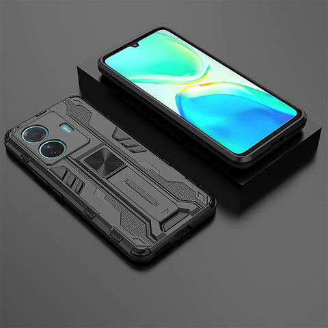 Coque Contour Silicone et Plastique Housse Etui Mat avec Aimant Magnetique Support KC2 pour Vivo iQOO Z6 Pro 5G Noir