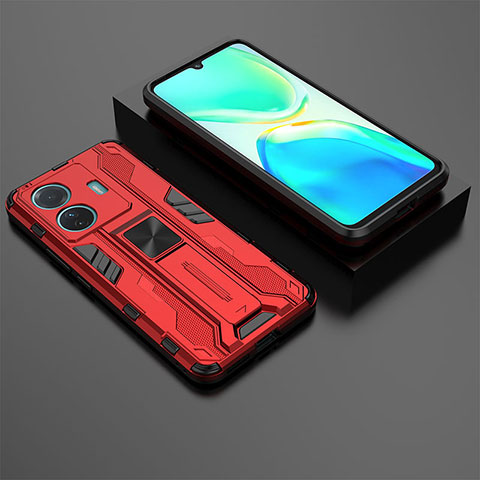 Coque Contour Silicone et Plastique Housse Etui Mat avec Aimant Magnetique Support KC2 pour Vivo T1 Pro 5G Rouge