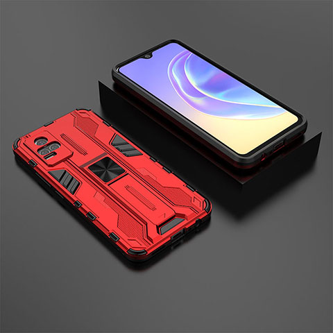 Coque Contour Silicone et Plastique Housse Etui Mat avec Aimant Magnetique Support KC2 pour Vivo V21e 4G Rouge