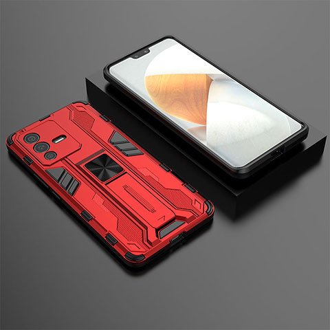 Coque Contour Silicone et Plastique Housse Etui Mat avec Aimant Magnetique Support KC2 pour Vivo V23 Pro 5G Rouge