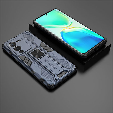 Coque Contour Silicone et Plastique Housse Etui Mat avec Aimant Magnetique Support KC2 pour Vivo V25 Pro 5G Bleu