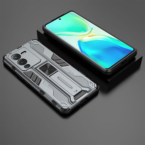 Coque Contour Silicone et Plastique Housse Etui Mat avec Aimant Magnetique Support KC2 pour Vivo V25 Pro 5G Gris